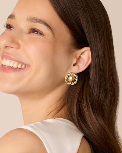 Image of PAVOI 14K Gold Plated Chunky Vintage Earrings for Women - Trendy Textured Ribbed Knot Geometric Triangle Rope Button Seashell Wing Dangle Drop Stud Earring