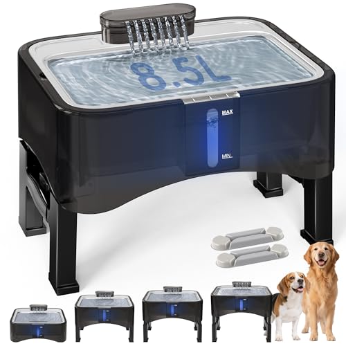 UPSKY 2.25Gal Elevated Dog Water Fountain, 4 Heights Adjustable Pet Fountain for All Dog Sizes, 304 Stainless Steel Tray Indoor Cat Drinking Dispenser with Ultra-Quiet Pump & 2 Replacement Filters