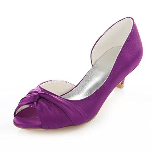 Emily Bridal Silk Wedding Shoes Peep Toe Kitten Heel Bridal Pumps Women's Purple Elegant Pleated Evening Shoes