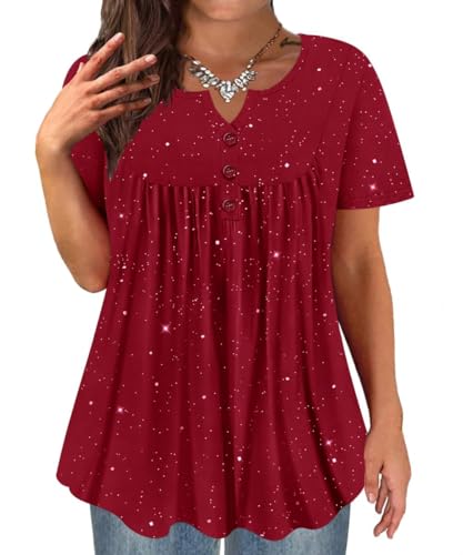 TIYOMI Plus Size Womens Tops 4X Sequin Tops Henley Blouses Wine Red Summer Short Sleeve Sparkly Tunics Shinning Dressy Casual Tunics 4XL 24W 26W
