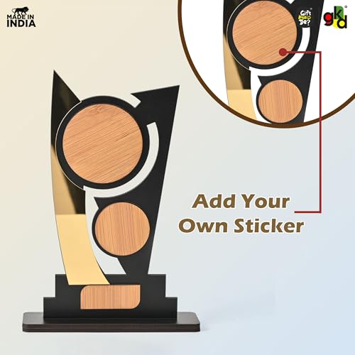 Image of GKD Wooden Trophy with Golden Acrylic | Self-Customizable Sticker Award /Memento for Events, Corporate Gifting, School Functions & Achievements (Inspire Innovation - Self)