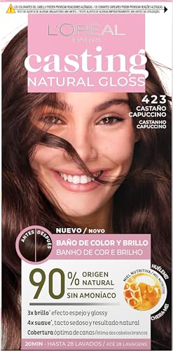 L'Oréal Paris Casting Natural Gloss, Baño de color y brillo, Cobertura óptima, Con Acondicionador Nutritivo con Miel, Sin Amoniaco, Color: Castaño Capuccino 423
