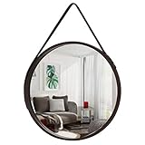 ROBMET Nordic Wall Mounted Large Round Mirror, PU Leather Strap Circle Hanging Mirror, Metal Frame Small Wall Mirror with Strap for Bathroom Bedroom Dressing Room Entryway Decor (Color : Black)