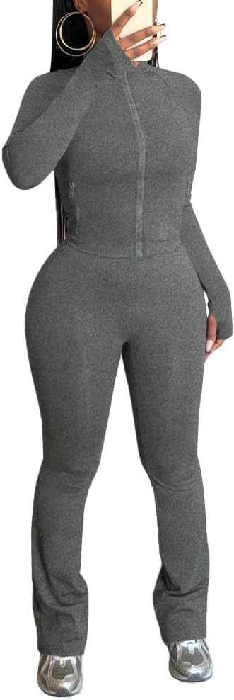 HBQ Women's 2 Piece Tracksuit Sets Long Sleeve Zip Up Crop Tops and Flare Pants Casual Workout Oufit Jogger Loungewear Set - Image 2