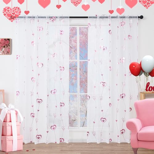 youleyar Valentine's Day Sheer Curtains, Love Heart Pink Foil Print Voile Sheer Curtains 2 Panels, Rod Pocket Window Treatment for Bedroom and Home...