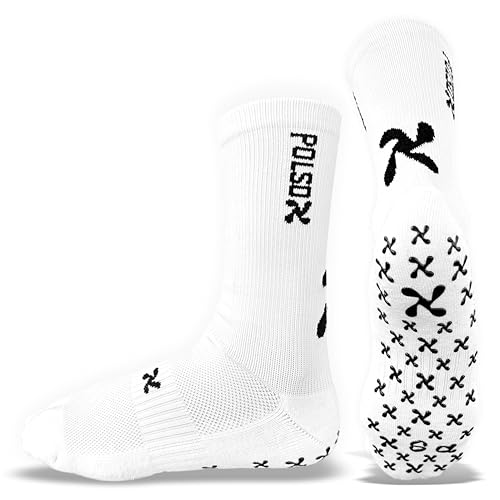 POLSOX Grip Socks Soccer - Anti-Slip Sports Socks for Men Youth and Women - Non-Slip Athletic Socks with Grip Pads - Comfort Compression - Pilates, Football, Basketball, Running - White - 1 Pair