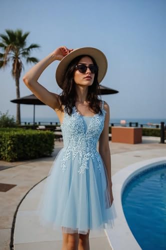 Women's Lace Appliques Homecoming Dresses Short Spaghetti Straps Tulle V Neck Mini Party Gowns for Teens Cg00294