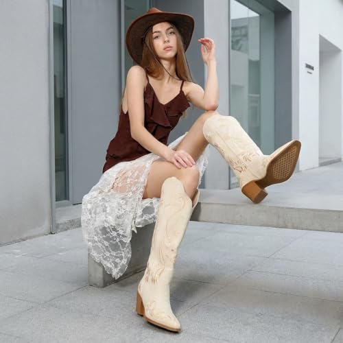 Image of Beige Cowboy Boots for Women, Knee High Cowgirl Boots with Pointed Toe, Chunky Heel, Floral Embroidery Western Boots Suede Tall Boots Size 8.5