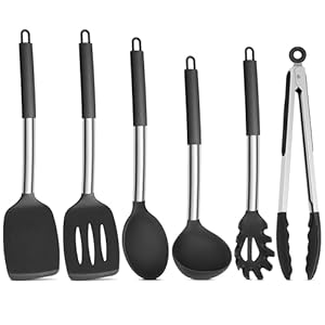 Onader Black Kitchen Utensils Set, 6 Pieces Silicone Cooking Utensils for Non-Stick Cookware, Heat Proof Kitchen Cooking Tools, Stainless Steel Handle & Dishwasher Safe