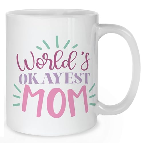 World’s Okayest Mom Mug 11oz, Funny Mum or Mom Gift, Humorous Mother’s Day Coffee Tea Cup, Pink and Purple Design, Birthday Gift for Mum