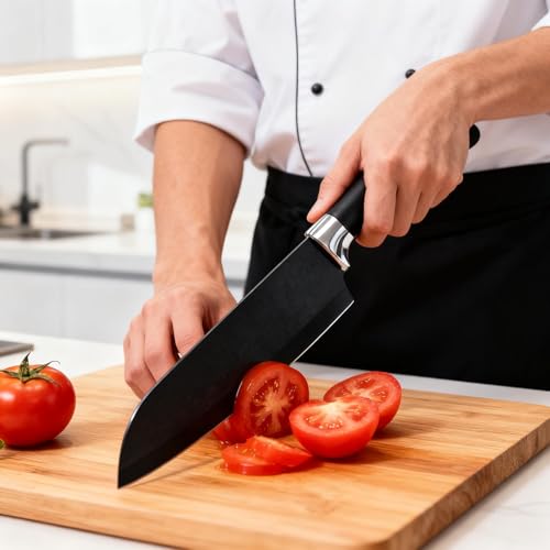 Image of Personalized 6.5-Inch Santoku Black Knife - Ultra-Light Chef Gadget, Cooking Knife, Razor Sharp Stainless Steel, Custom Engraved Kitchen Knife with Blade Cover & Gift Box (Black Santoku)