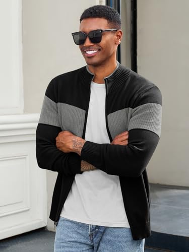 Runcati Mens Full Zip Cardigan Sweater Casual Knit Stand Collar Cardigan Slim Fit Color Block Fall Winter Sweaters2