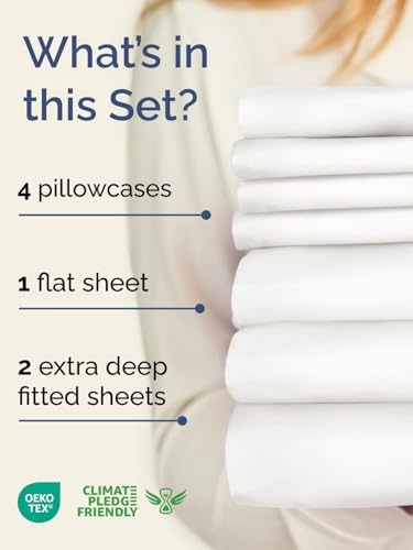 Image of Extra Deep Split King Sheet Set - 7 Piece Cooling Sheets - Antique White | Hotel Luxury Bed Sheets Set, Easy & Secure Fit, Ultra-Soft, Wrinkle & Fade Free, Comfy Sheets Set with Extra Deep Pockets
