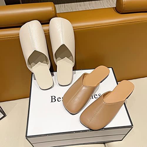 Slippers Women Women Summer New Elegant Square Closed Toe Flat Slippers Female Shoes Casual Leather White Slides3