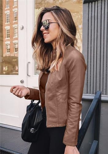 Women's Long Sleeve Fall Jacket Zipper Solid Blazer Patchwork Button Down Faux Leather Coat2