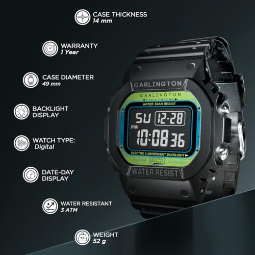 Image of Carlington Digital Sports Watch Dual Time, Alarm, Calendar, Stopwatch, Water-Resistant, Shock-Resistant, Back Light Display. The Perfect Watch for Men - CT 1801