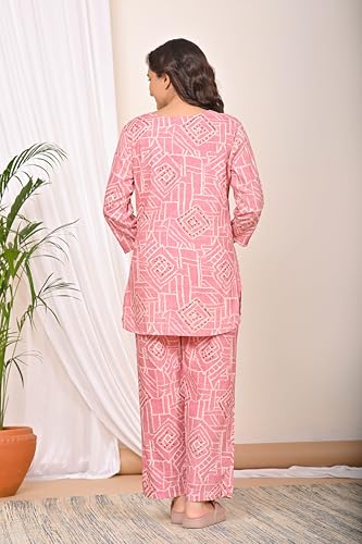 Image of Amazon Brand - Tavasya Women Cotton- Rayon Printed Kurti with Pant Co-Ord Set | Soft Comfortable Straight Fit Ethnic Kurta Set | 3 /4 Sleeves V-Neck Daily, Office & Casual Wear
