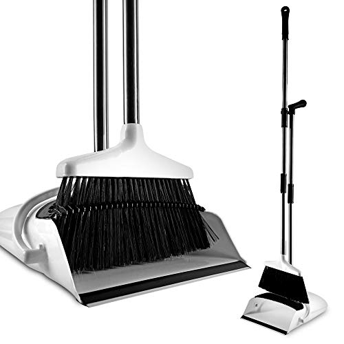 Product Image of the Broom and Dustpan Set with Self Cleaning Bristles, Upright Stand Up Long Handle Floor Brush + Foldable Angle Dust Pan Combo for Indoor/Outdoor Sweeping, White