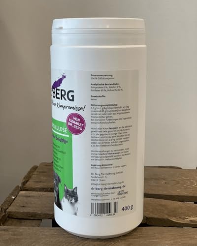 Dr. Berg Futterzellulose Pulver für Hunde und Katzen: hypoallergenes, geschmacks- und geruchsneutrales Ergänzungsfutter, natürliche Ballaststoffe (400 g)