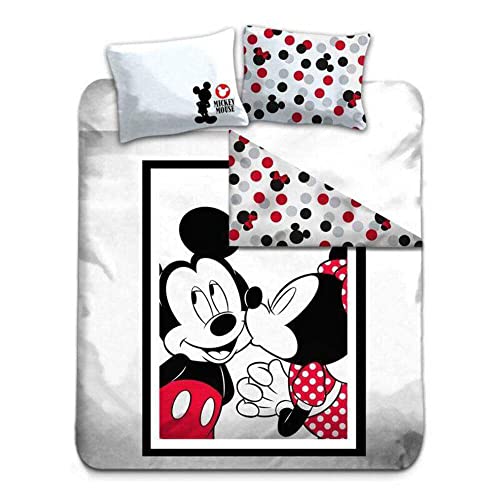 Juego de Cama Doble Mickey & Minnie 100% Algodón - Funda de Edredón (240 x 220) + 2 Fundas (65 x 65)