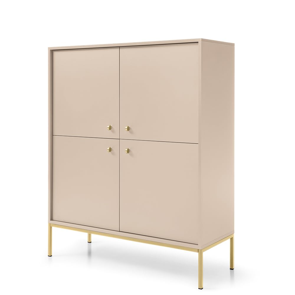Lomadox Wohnzimmermöbel Wohnwand beige, Fußgestell goldfarben 2-teilig, 1 Lowboard, 1 Highboard