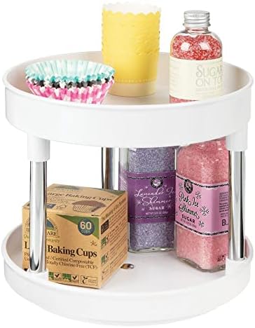 mDesign 2 Tier Lazy Susan Turntable Food Storage Container for Cabinets, Pantry, Fridge, Countertops - Raised Edge, Spinning Organizer for Spices, Condiments - 9" Round - White/Chrome