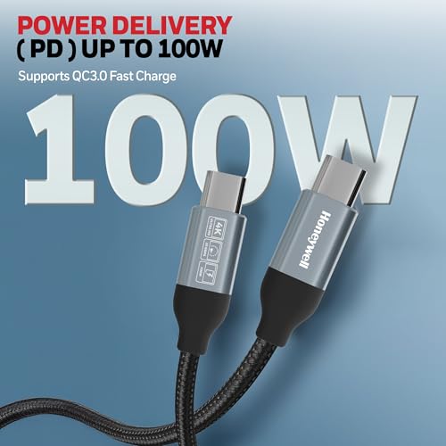 Image of Honeywell Type C to Type C USB 3.1 Cable, 4 Feet (1.2M), Max Output 5A 100W, QC 3.0, Fast Charge, Compatible with Apple Devices, Smartphones, Laptops, Power Banks, Tablets, Headphones, Speakers Black