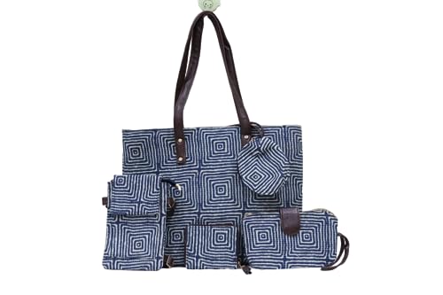 Image of P S Traders Online Women's Traditional Ikkat Cotton 5 Pieces Combo Bag - Blue
