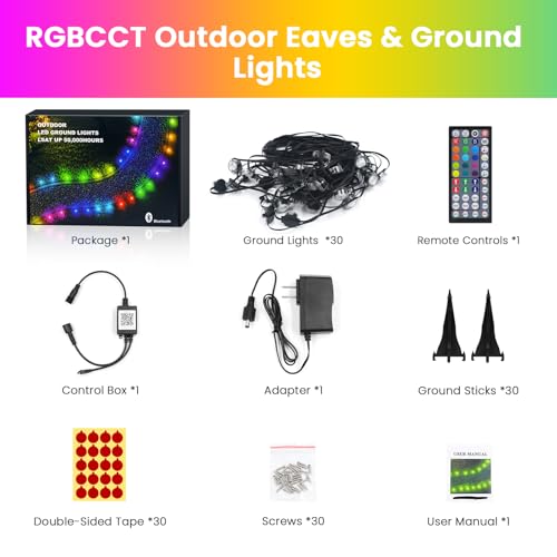 Image of Outdoor Ground Lights 100FT, RGB Permanent Outdoor Lights with Bluetooth & APP Control, Color Changing, Waterproof IP67, Timer for Yard Eaves Landscape Pathway