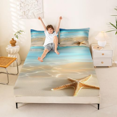 Image of jejeloiu Beach Scenery Bed Sheets Set Full Size Ocean Bed Set Coastal Nautical Deep Pocket Fitted Sheet Starfish Seashell Conch Breathable Soft Lightweight Microfiber