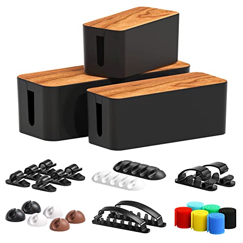 Cable Management Box 3 Pack with 16 Cable Clips Set-Large & Medium & Small Wooden Style Cable Organizer Box