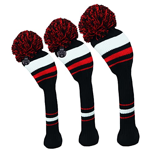 Golf Club Head Covers Knit For Woods Driver Fairway Hybrid Head Cover Knitted Pom Pom Stripes Pattern For Main Wood Clubs (Black&Red-3Pcs(D+F+H)) #TOP6
