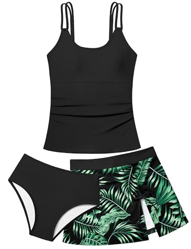 Image of Girls Swimsuit Tropical 3 Piece Tankini Adjustable Strap Bathing Suit Solid Modest Swimwear with Drastring Skirt 9-16y