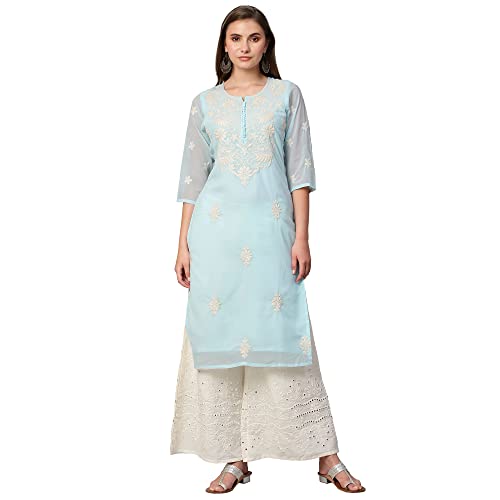 Image of RATAN Georgette Straight Lucknowi Chikankari Ethinic Wear Kurta for Women