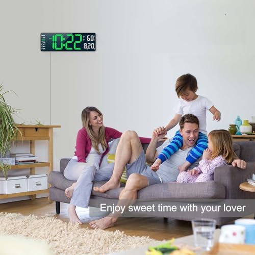 Image of Digital Wall Clock, 16 Digital Clock Large Display, Dual Alarms, Automatic Brightness Dimmer- Easy Track The Time, Date, Day of Week and Temperature, with Remote Control, Plastic, Green