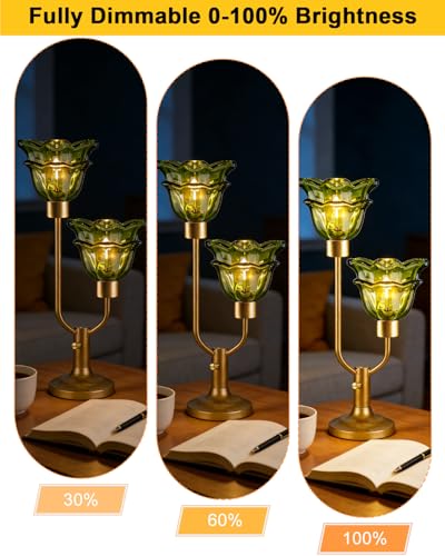 Image of Lightdot Green Glass Flower Table Lamp 2 Bulbs Included Dimmable Vintage | Nightstand Lamp Mid Century Modern Gold Desk Lamp Warmwhite Ambient Bedside Lamp for Living Room Bedroom Home Decor Gift