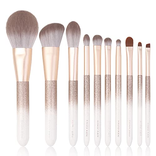 Bling White and Gold Makeup Brush Set with Case by ENZO KEN, Unique Glitter Luxe Brushes Sets - Face Contour, Eye Eyeshadow Eyebrow Eyeliner, Bronzer Highlighter, Powder Concealer Brushes Kit