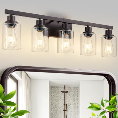 Image of 5-Light Oil Rubbed Bronze Bathroom Light Fixtures,30 inch Vanity Light | Modern Bronze Bathroom Lighting with Clear Glass Shades,Bathroom Wall Sconece over Mirror Sink Cabinet