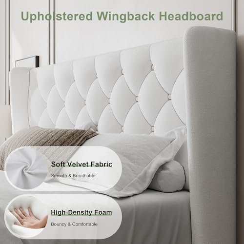 Image of Feonase Queen Size Bed Frame with Diamond Tufted Wingback Headboard, Upholstered Platform Bed, Sturdy Wooden Slats Support, Noise-Free, No Box Spring Needed, Easy Assembly, White