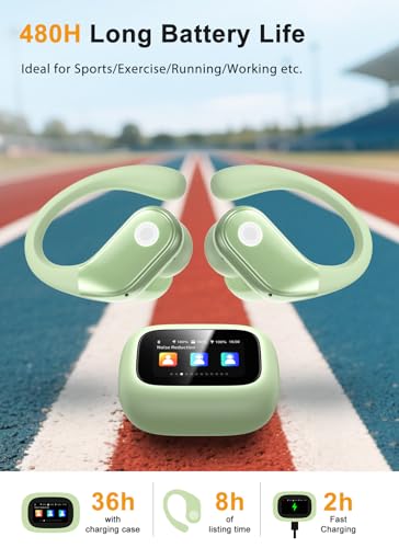 Wireless Earbuds, ENC Noise Cancelling Sport Ear Buds with Multifunctional Touch Screen, Bluetooth 5.4 Headphones, Bass Stereo Sound, 5 EQ Over-Ear Earbuds for Sports/Workout/Gym-Green