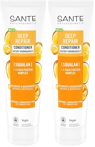 SANTE Naturkosmetik Deep Repair Acondicionador Squalan + 3 capas de proteínas, acondicionador vegano e hidratante para cabello suave, cuidado para cabello seco y dañado, 150 ml (Paquete de 2)