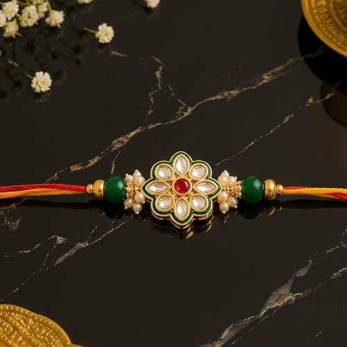 Image of CraftVatika Kundan Rakhi for Brother Boy Men, Designer Kundan Rakhi for Rakshabandhan Festival, Traditional Raki for Bhai, Premium Raksha Bandhan Rakhies for Bhaiya RakshaBandhan Bracelet Set of 1