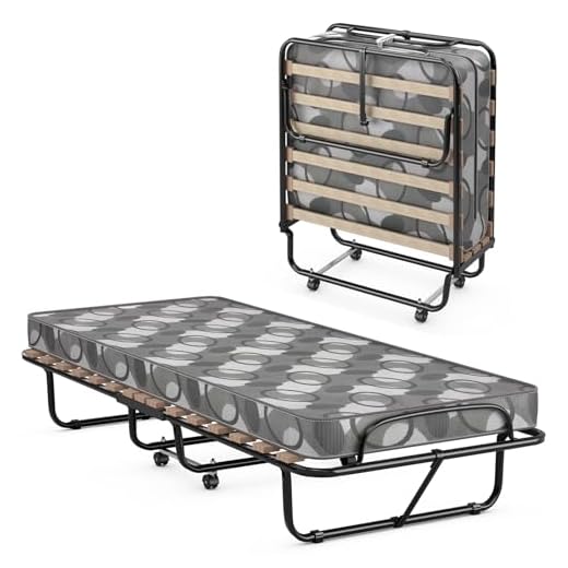 COSTWAY Lit Pliant 1 Personne Adulte 190 x 80 cm avec Matelas Orthopédique en Mémoire 6,5 cm, Charge 130 kg, Lit d’Appoint Pliable à 4 roulettes et Sommier à 15 Lattes de Bois pour invité, Gris
