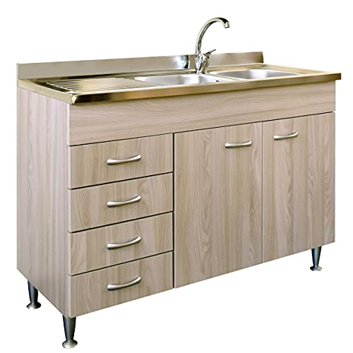 Yellowshop | Mobile sottolavello cm 120 con cassettiera completo di lavello inox serie Basic colore Olmo (Versione Sx)