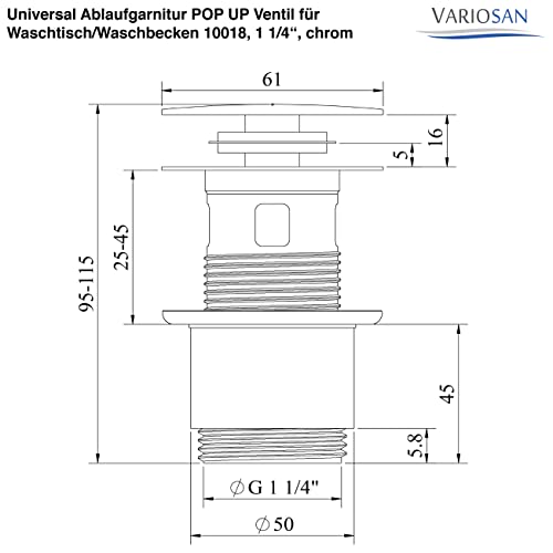 VARIOSAN Universal Ablaufgarnitur POP UP Ventil für Waschtisch/Waschbecken - Image 6