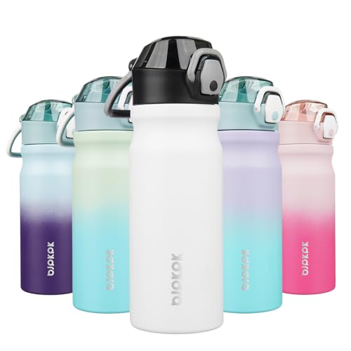 Image of BJPKPK 18 oz Water Bottle with Straw & Handle, Insulated Stainless Flask | Leak Proof Locking Lid, Thermal, Double Wall Vacuum, Keeps Hot /Cold, BPA Free, Dishwasher Safe, Travel & Sports, White