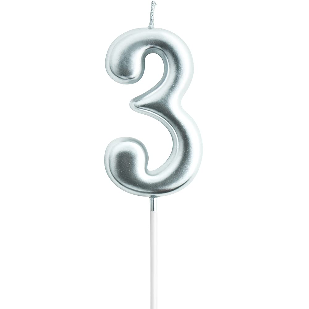 Eusbon Number 3 Birthday Candle 3 For Cakes, 7Cm Big Size Number Candle For Cake Decoration, Birthday Party, Wedding Anniversary, Silver