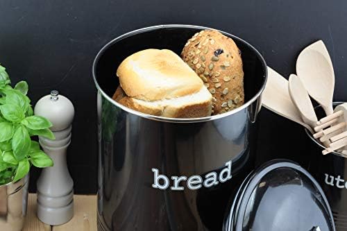 EHC Round Black Enamel Bread Bin Crock Storage Canister Jar, Black - Diameter 23 x Height 36cm