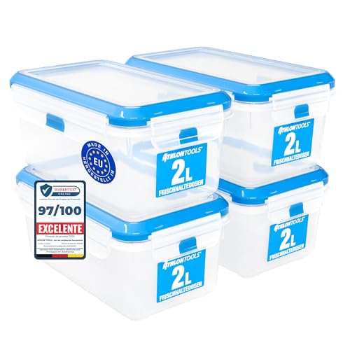 ATHLON TOOLS Juego de 4 recipientes herméticos de 2 litros en calidad gastronómica, 100% herméticos y a prueba de fugas, de 40 a +100 grados, para todos los alimentos, sin BPA