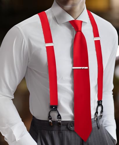 Image of Barry.Wang Men Suspender Set with Necktie Elastic Y Type Heavy Duty 6 Clips Braces Tie Handkerchief Cufflink Pin 6PCS